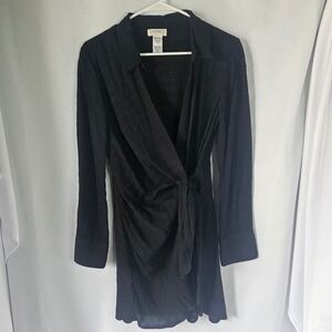 L*Space Black Textured Stripe Wrap Mini Dress Long Sleeve Collared Size S